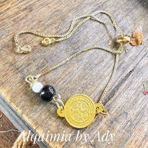 Dainty gold Saint Benedict black onyx Beluga white agate pearl bracelet